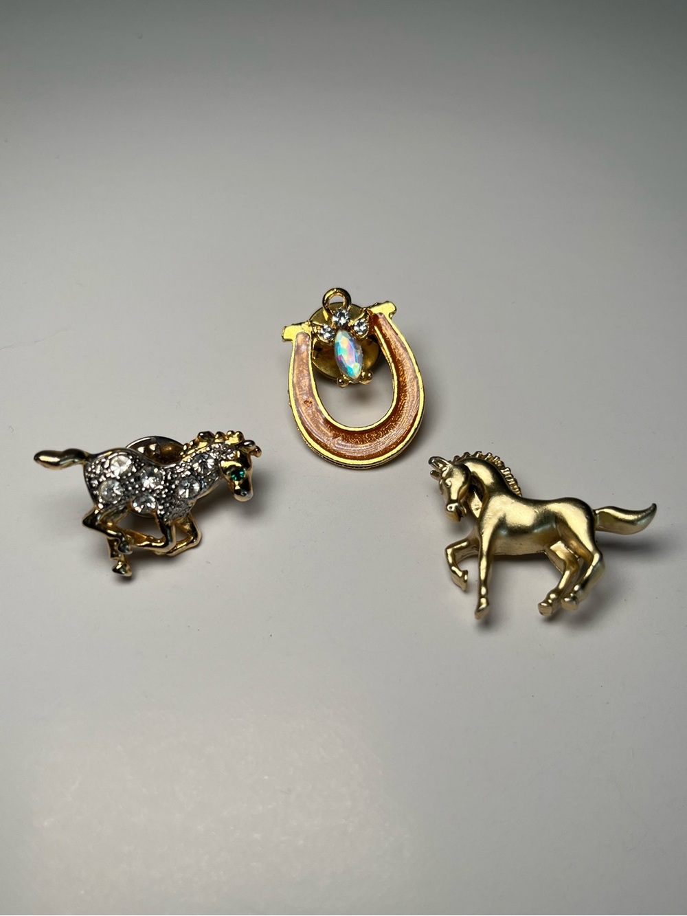 Vintage Equestrian Pin Lot | Rhinestone Horse & Horseshoe Set of 3